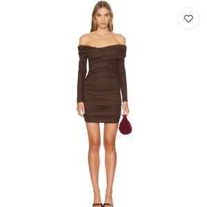 Line & Dot Off-Shoulder Brown Dress